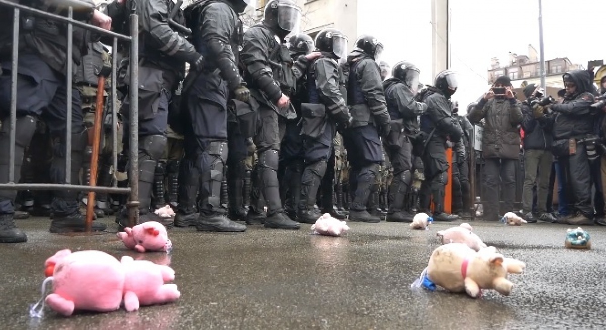 «Нацкорпус» забросал Администрацию президента игрушечными свиньями