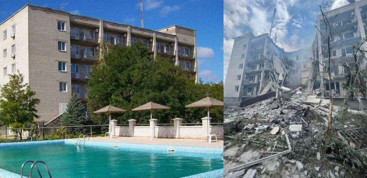 База відпочинку «Сонячна» у Приморську до та після удару. Фото: соцмережі