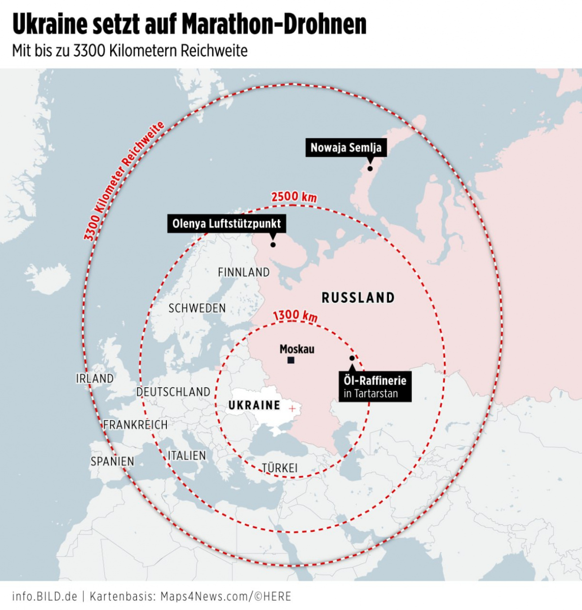 Украинские беспилотники вскоре могут бить по российским объектам в Заполярье и на Урале. Инфографика: Bild
