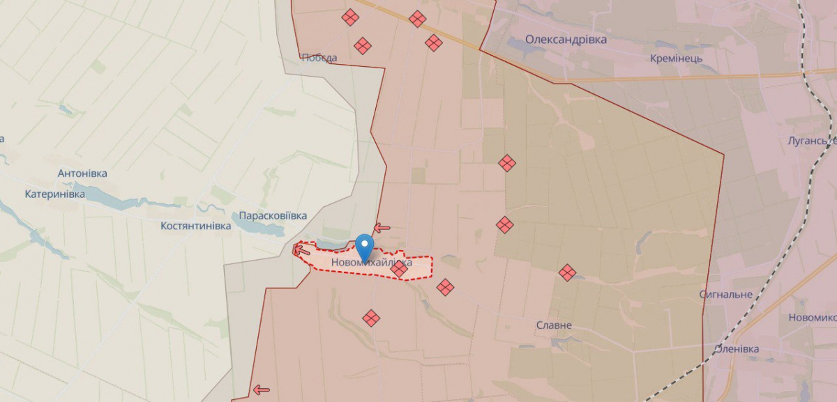 Село Новомихайлівка на Донеччині практично повністю окуповане російськими військами. Карта DeepState 
