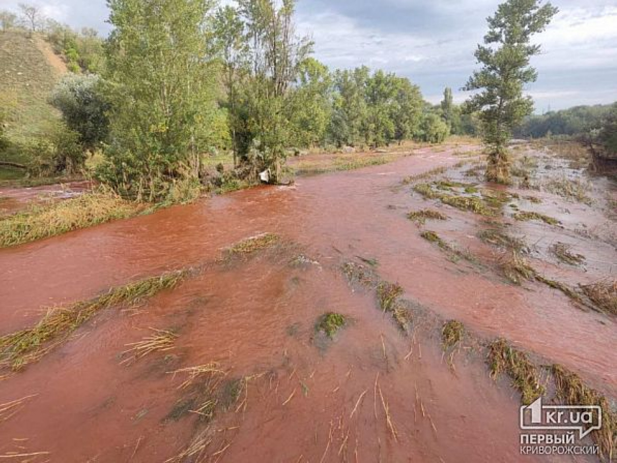 Река Ингулец, вышедшая из берегов из-за обстрела дамбы, окрасилась в красный цвет