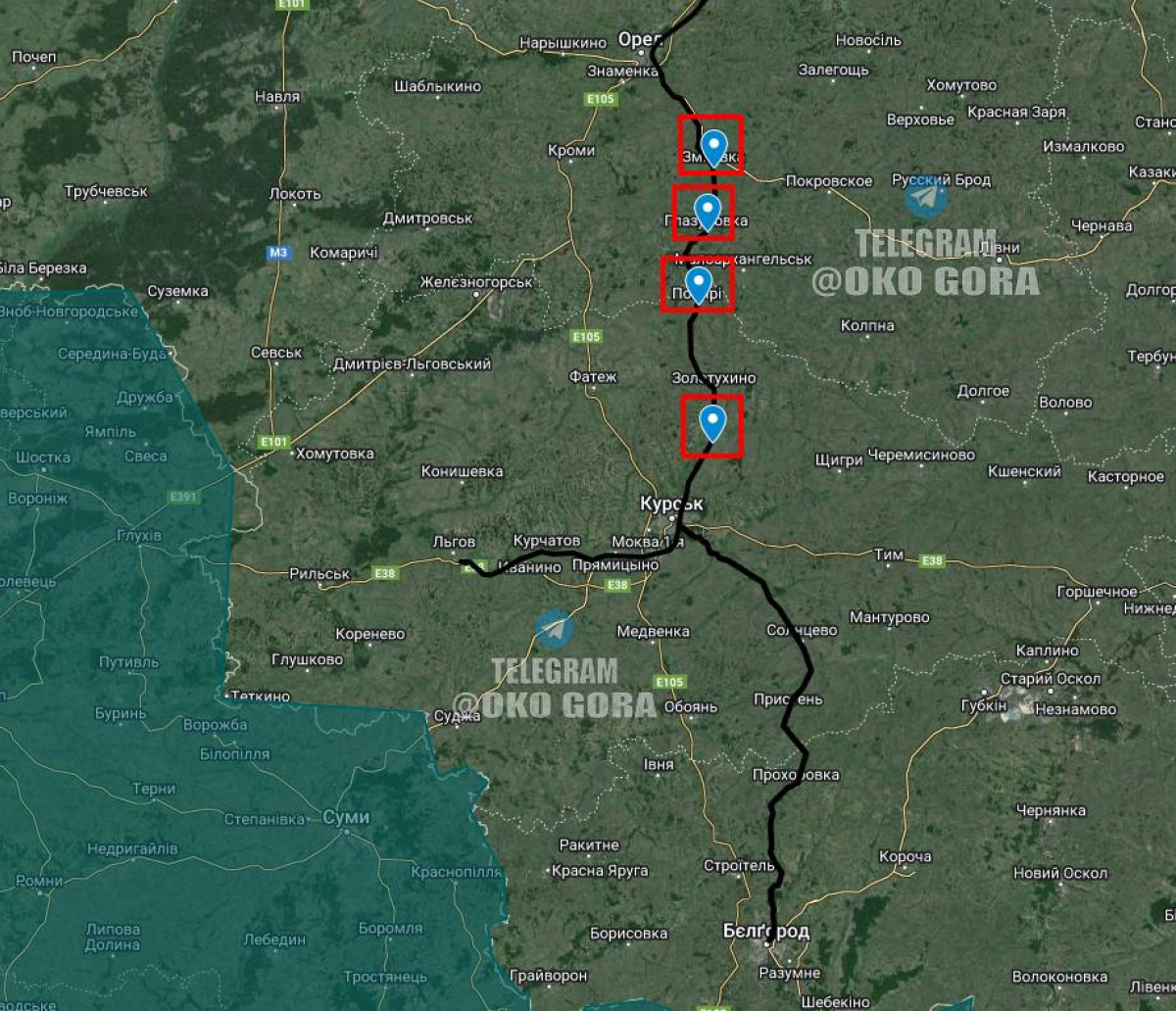 Російську залізничну інфраструктуру атакували безпілотники. Карта: OKO GORA/Telegram 