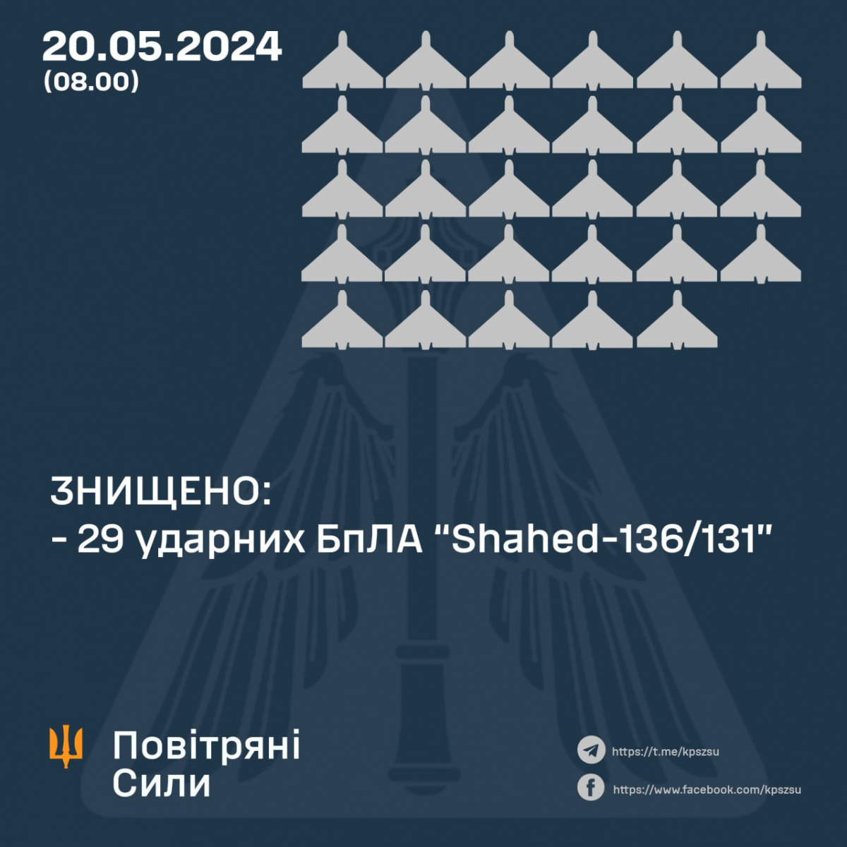 Сили ППО вночі збили 29 із 29 дронів-камікадзе «Шахед». Інфографіка: Повітряні сили України.