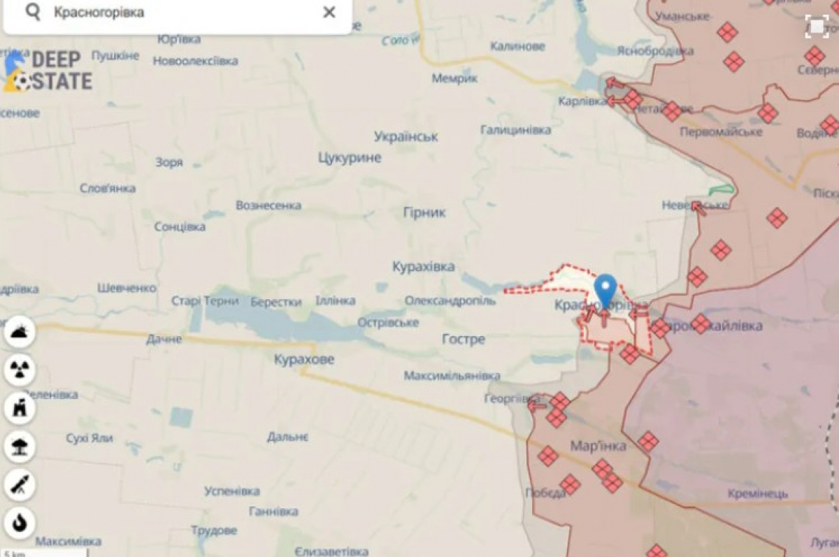 Російські військові просунулися у районі Красногорівки Донецької області. Карта DeepState 