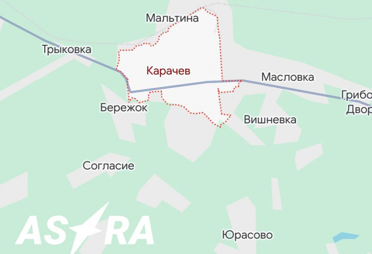 В городе Карачев в Брянской области России дрон атаковал оборонный завод. Карта: ASTRA
