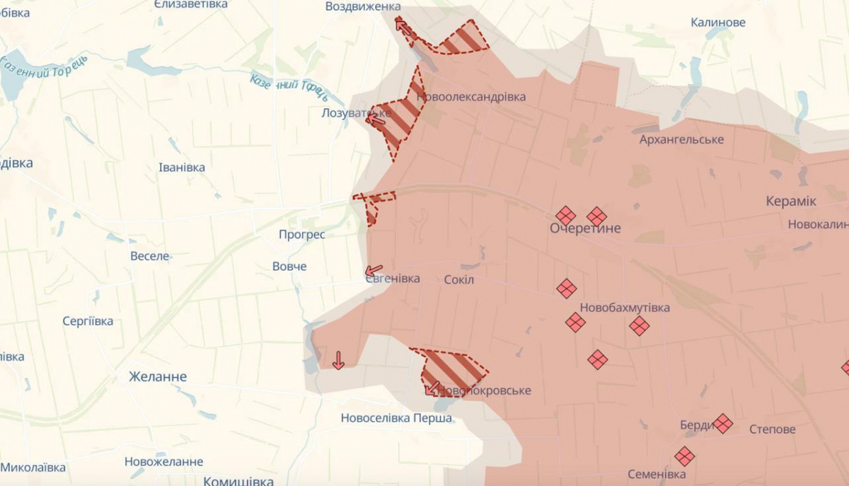 Российские военные продвинулись возле четырёх населённых пунктов на Покровском направлении в Донецкой области. Карта: DeepState 