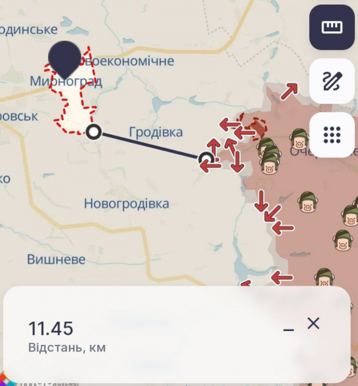 От линии фронта до Мирнограда Донецкой области осталось менее 1,5 километров. Карта: DeepState 