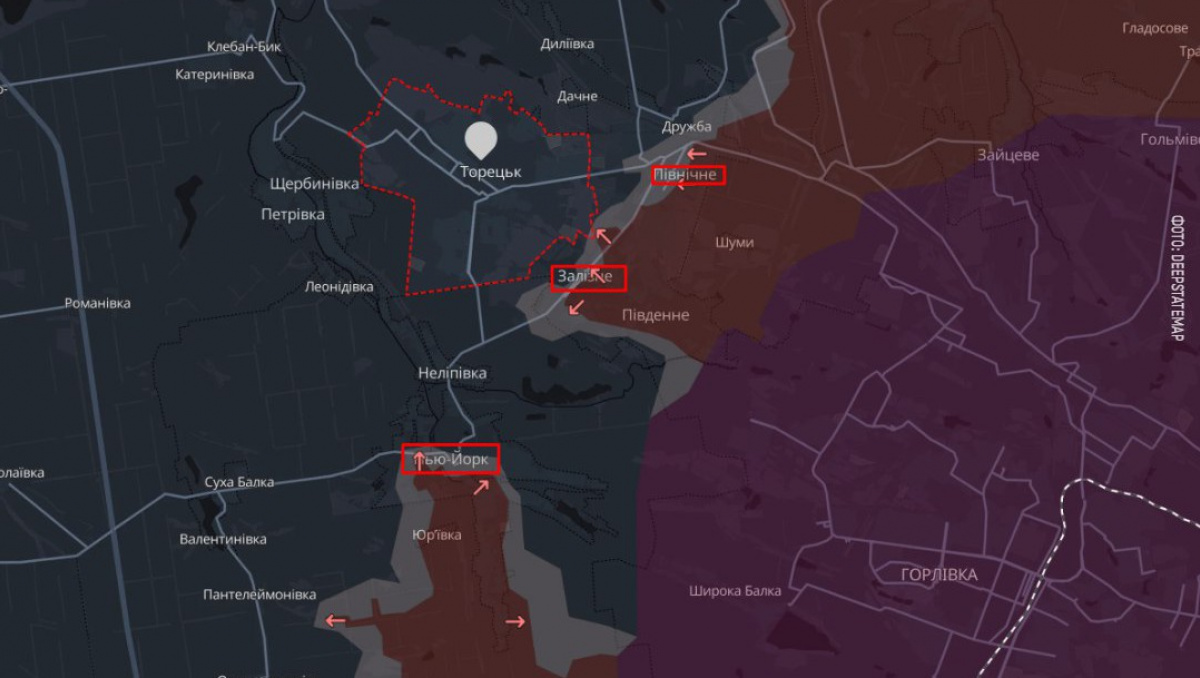 Ориентировочная линия фронта возле Торецка. Карта DeepState 
