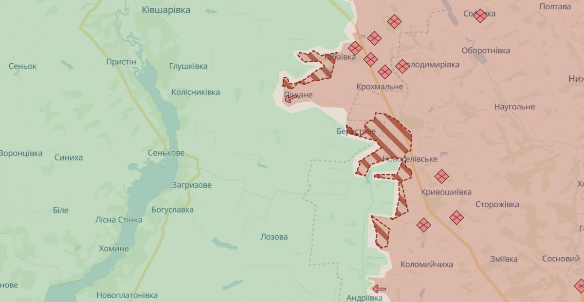 Просування військ РФ біля Піщаного і Стельмахівки. Карта: DeepState