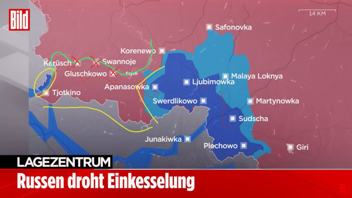 ЗСУ практично оточили угруповання російських військ чисельністю близько 3 000 осіб у Курській області РФ. Карта: BILD