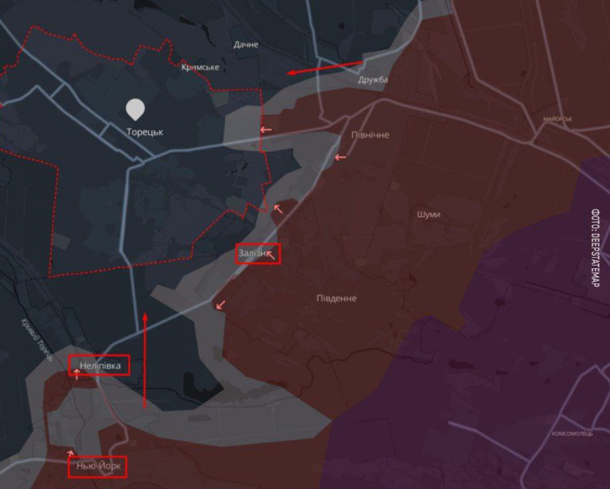 Орієнтовна лінія фронту на Торецькому напрямку оборони/DeepStateMap
