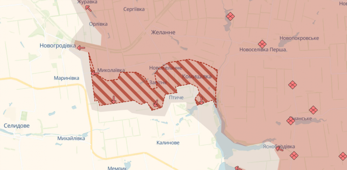 Окуповані Камишівка, Завітне та Новожеланне в Донецькій області. Фото: карта DeepState