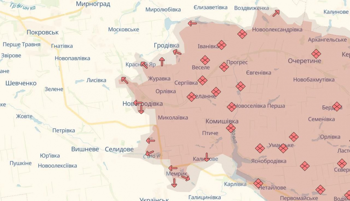 Отмечено продвижение российских войск на Покровском направлении в Донецкой области. Карта DeepState 