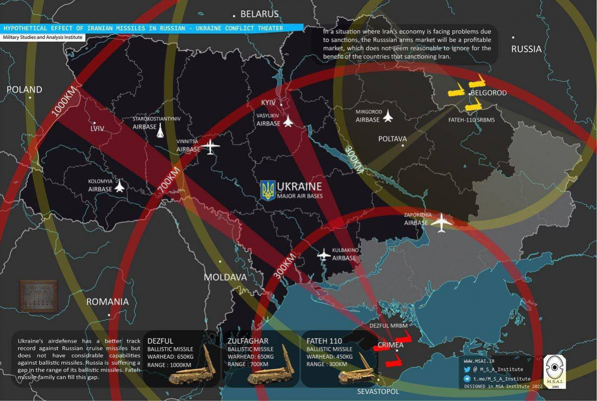 Імовірний радіус дії балістичних ракет, які Іран надасть Росії. Інфографіка: MSA Institute 