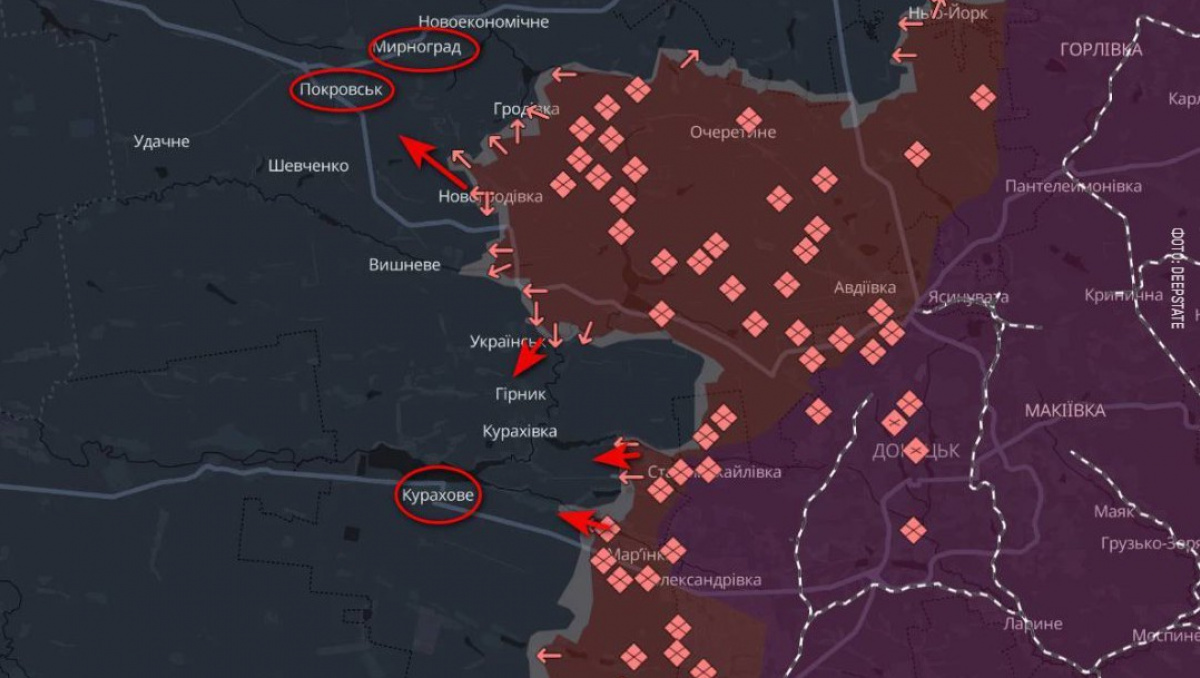 Орієнтовна лінія фронту на Покровському та Курахівському напрямках станом на 9:00 3 вересня. Карта: DeepState
