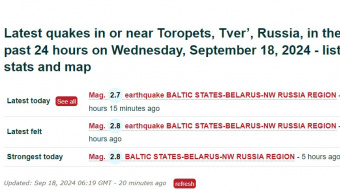 Мониторинговый сервис сообщил о землетрясении в Тверской области сегодня утром. Скриншот с сайта VolcanoDiscovery