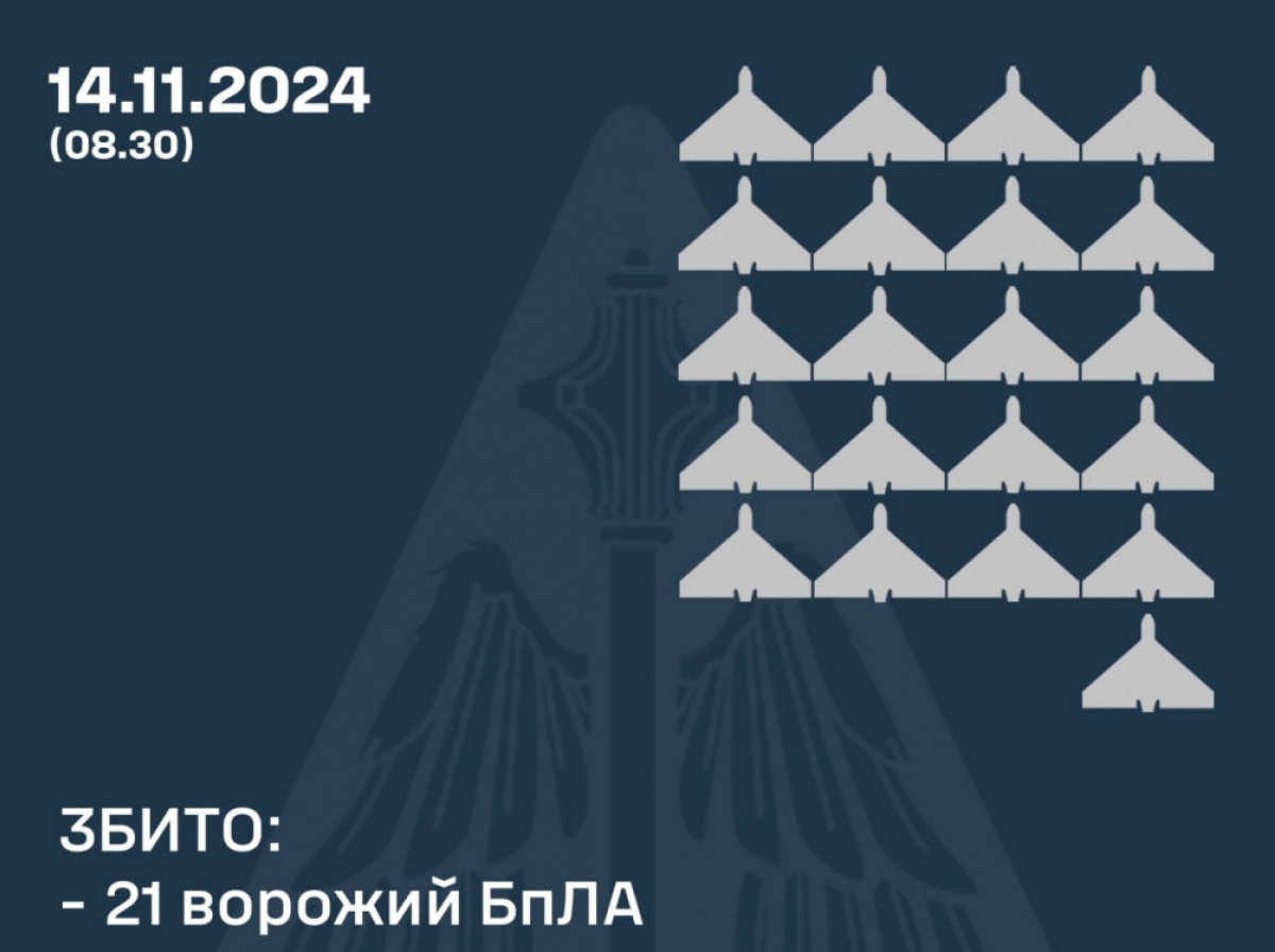 ПВО Украины сбила 21 из 59 российских БпЛА. Фото: ВС ВСУ