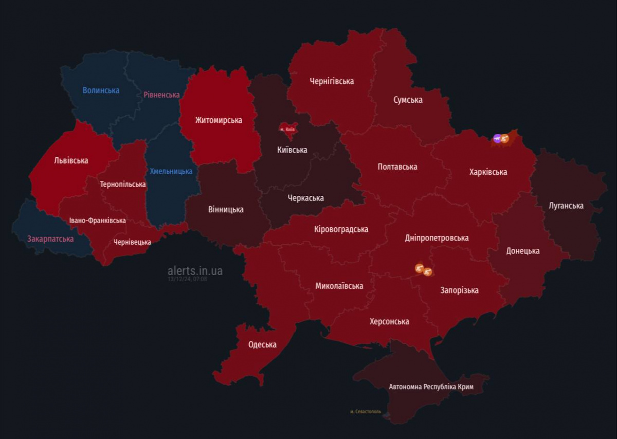 Мапа повітряних тривог в Україні вранці 13 грудня