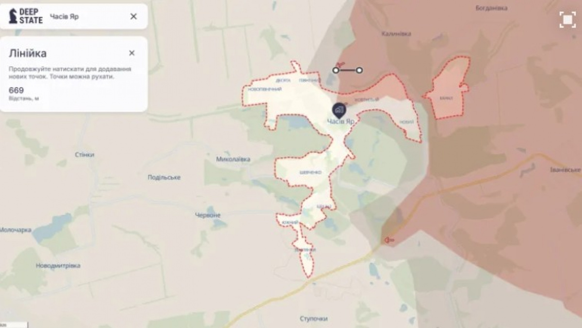 На карті проекту DeepState відзначено просування російських військ біля міста Часів Яр Донецької області