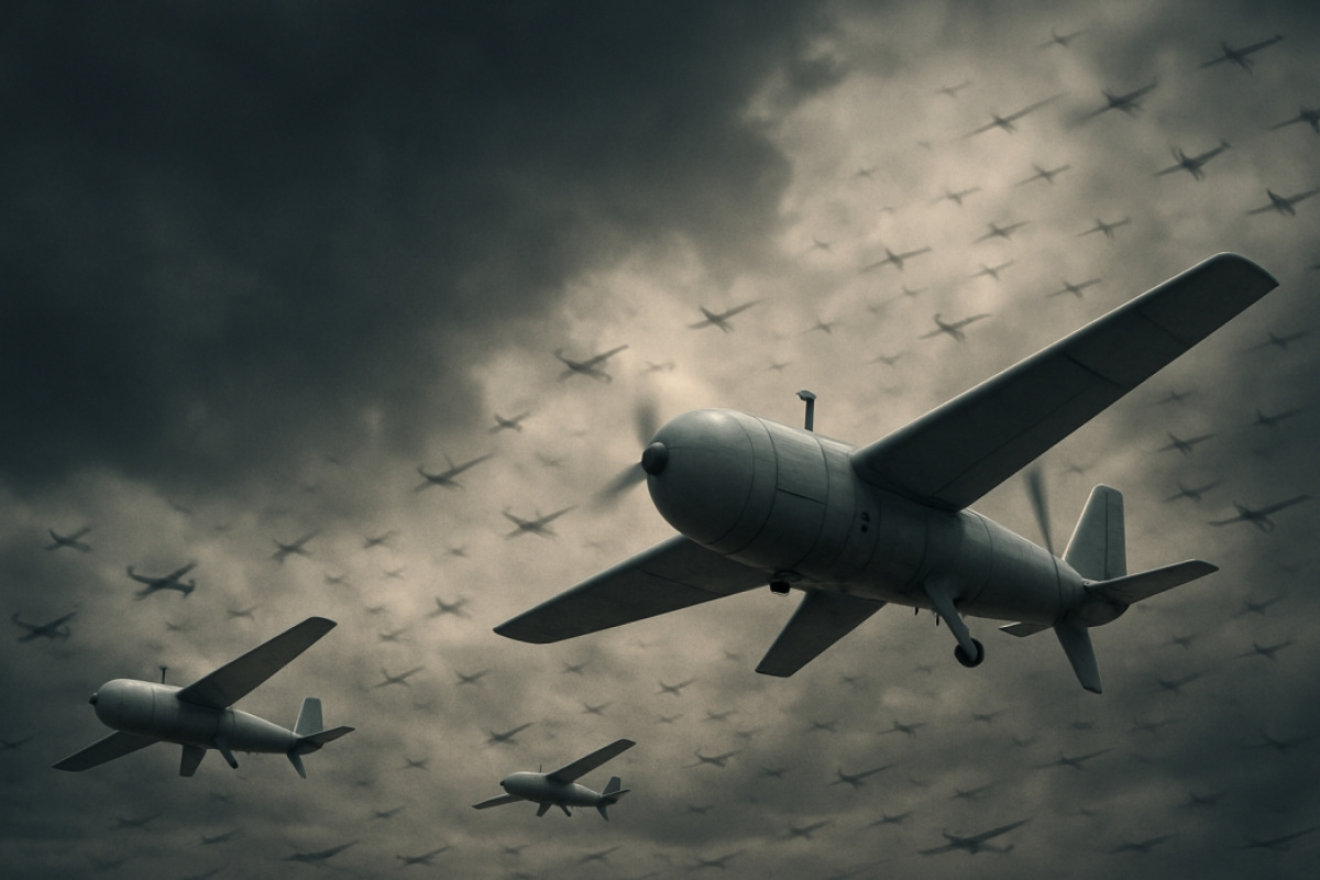 Массированное применение дронов-камикадзе РФ на фронте. Иллюстрация: ИИ 