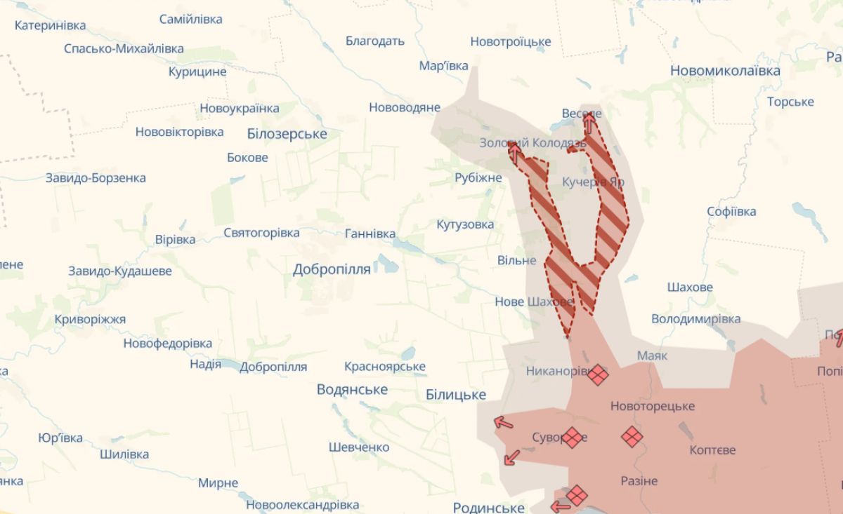 Продвижение оккупантов под Добропольем. Фото: карта DeepState