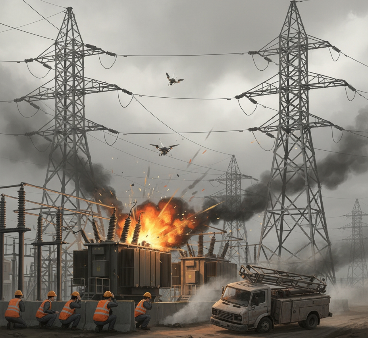 Атака FPV-дрон на електростанцію в Дніпропетровській області. Ілюстрація, створена за допомогою ШІ