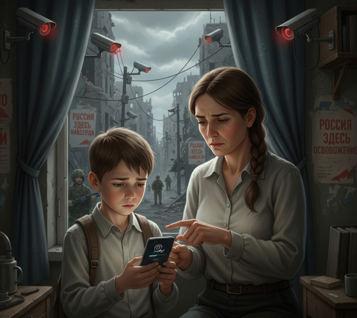 Школьник и мать на оккупированной территории вынуждены устанавливать шпионский мессенджер «MAX» под контролем оккупантов. Иллюстрация, созданная с помощью ИИ