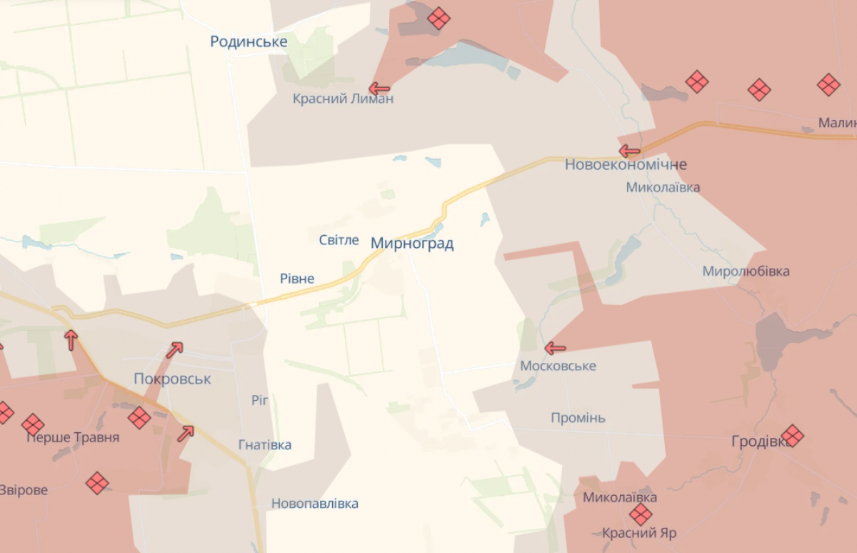 Ситуація у районі Мирнограда. Фото: карта DeepState