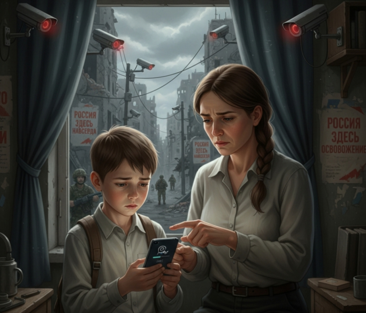 Школьник и мать на оккупированной территории вынуждены устанавливать шпионский мессенджер «MAX» под контролем оккупантов. Иллюстрация, созданная ИИ