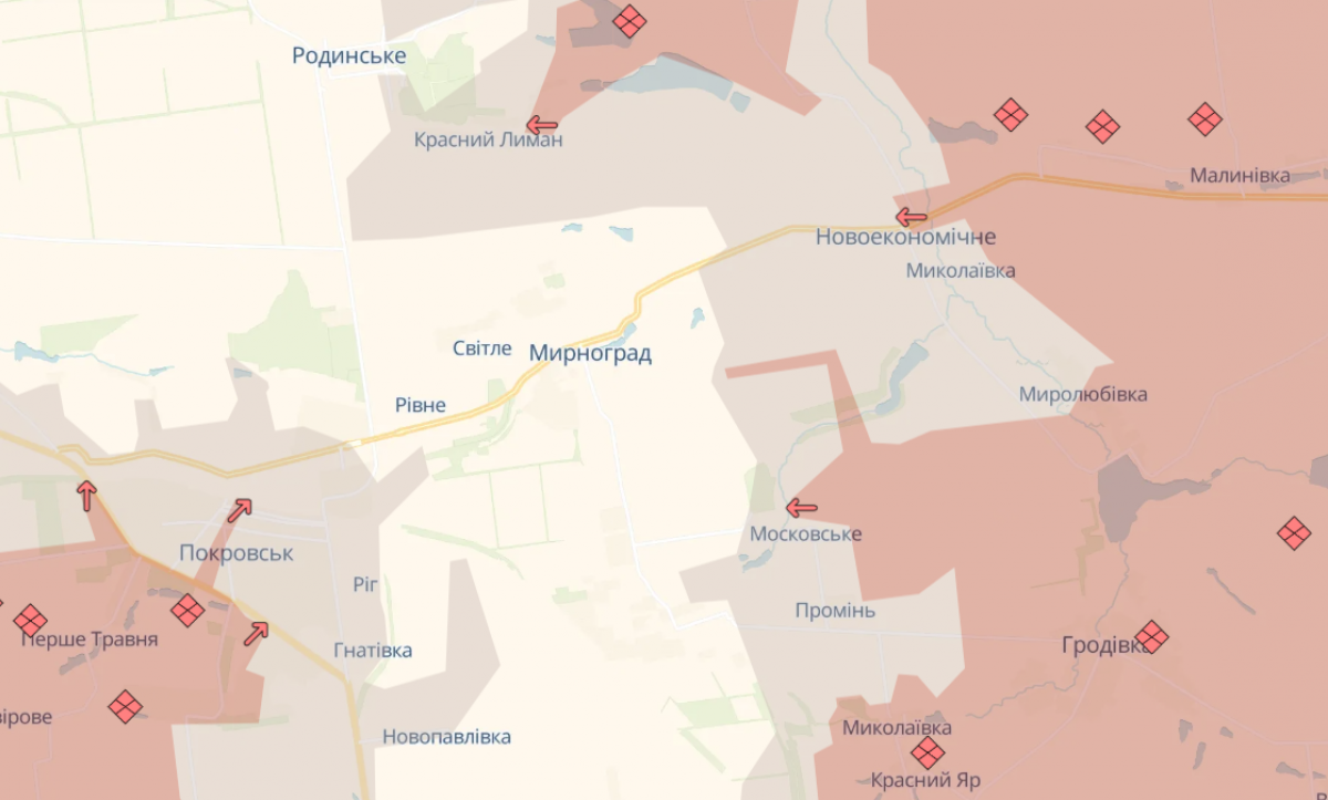 Ситуація у районі Мирнограда. Фото: карта DeepState