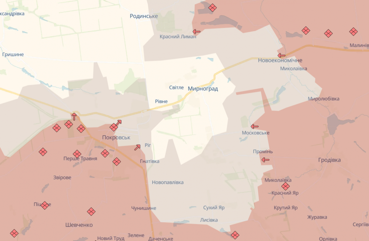 Ситуація в районі Покровська та Мирнограда. Фото: карта DeepState