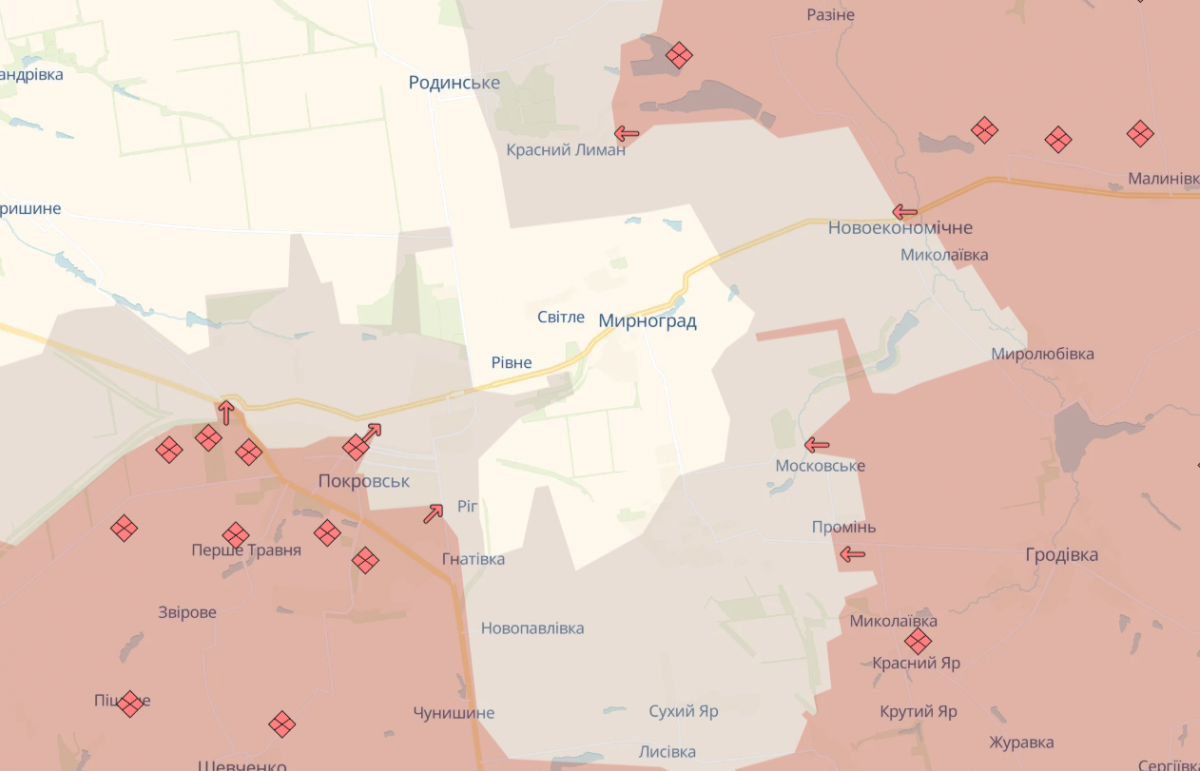 Ситуація в районі Покровська та Мирнограда. Фото: карта DeepState