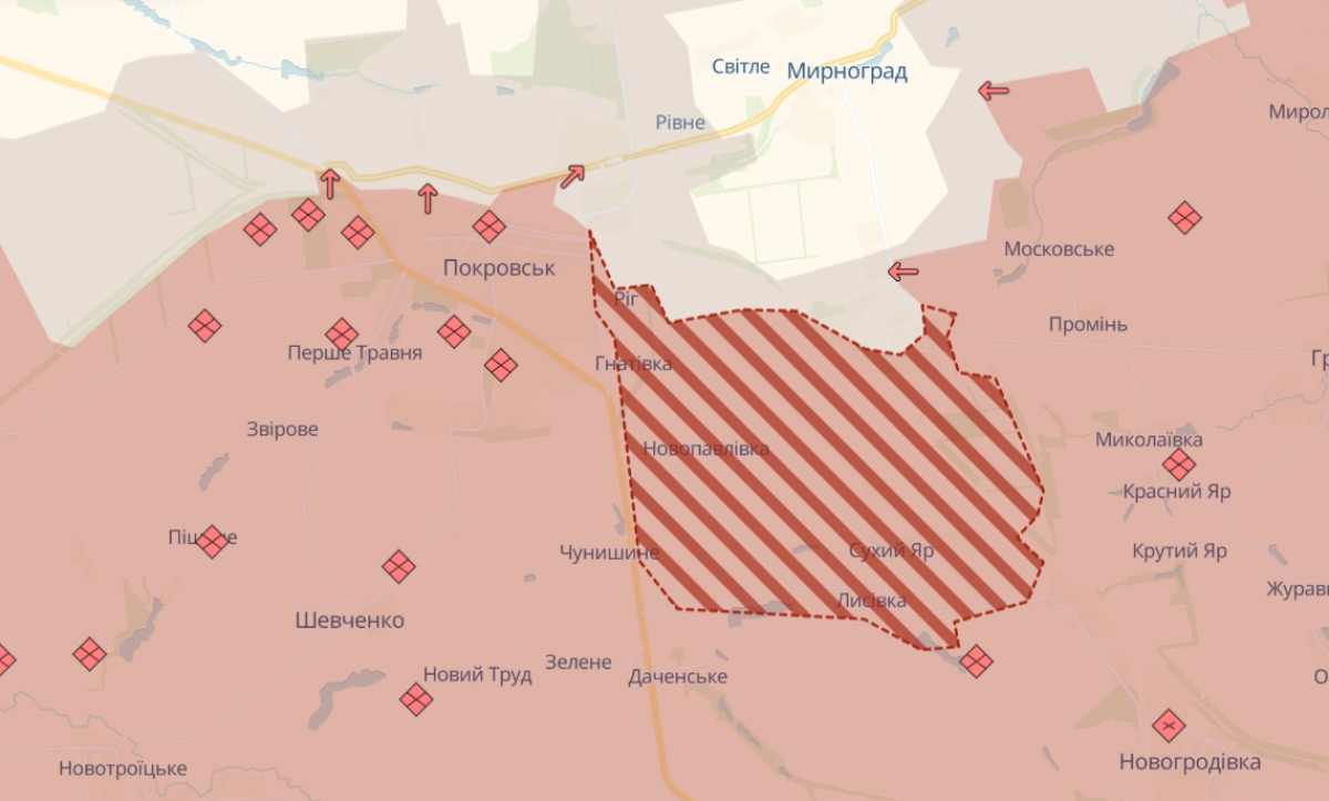 Оккупированные села под Покровском. Фото: карта DeepState