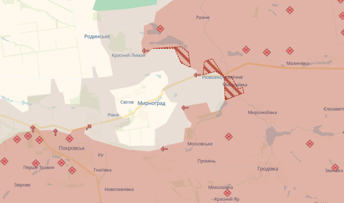 Продвижение российской армии вблизи Мирнограда. Фото: карта DeepState