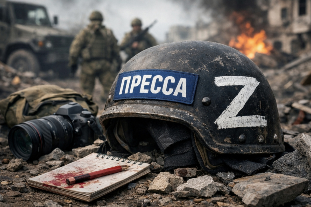 Каска с надписью «ПРЕССА» и символом «Z» среди руин: образ российских журналистов, участвующих в пропагандистской деятельности на оккупированных территориях Украины. Создано ИИ.