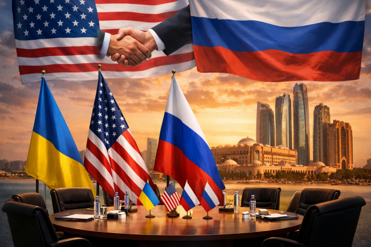 Иллюстрация к новому раунду переговоров Украина–США–РФ в Абу-Даби. Создано ИИ