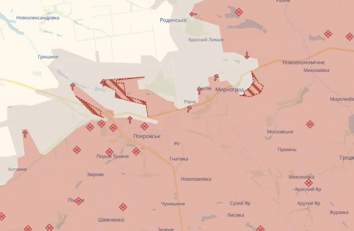 Продвижение россиян в Покровске и Мирнограде. Фото: карта DeepState