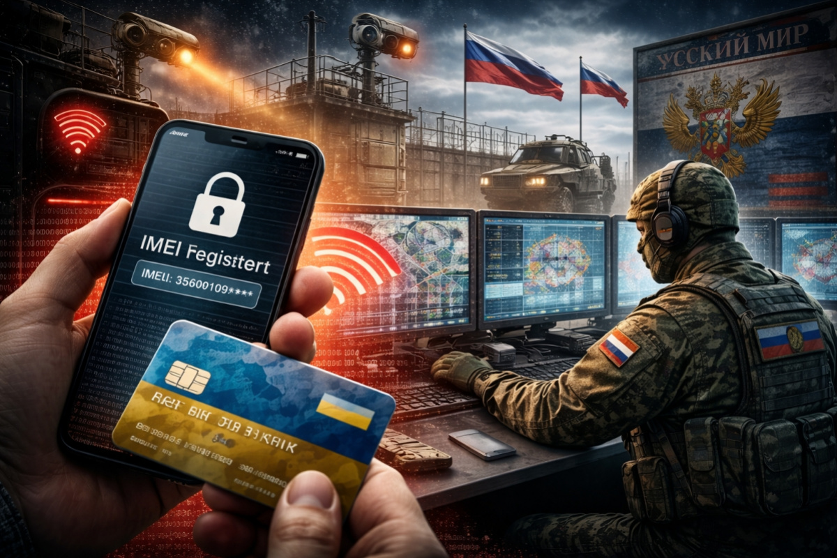 На тимчасово окупованих територіях Росія посилює контроль над мобільними телефонами та банківськими картами. Створено ШІ.