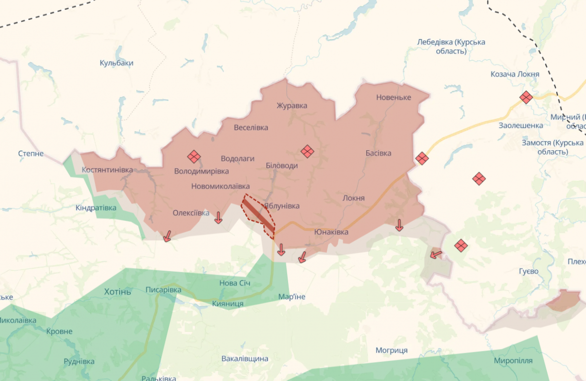 Продвижение захватчиков на Сумщине. Фото: карта DeepState