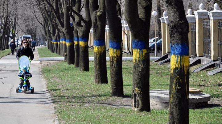 Активисты раскрасили улицы Донецка в сине-желтые цвета